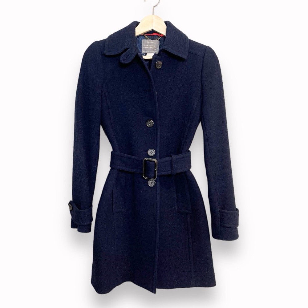 J. Crew Stadium Cloth navy blue wool belted coat, wool blend jacket, size 2